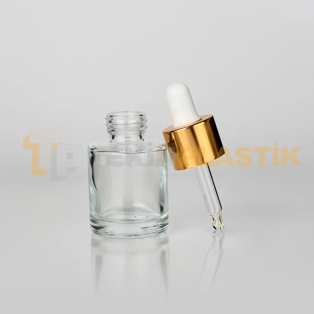 20 ml Toptan Premium Cam Damlalıklı Dropper Şişe Metal Gold Beyaz Damlalık Takımlı