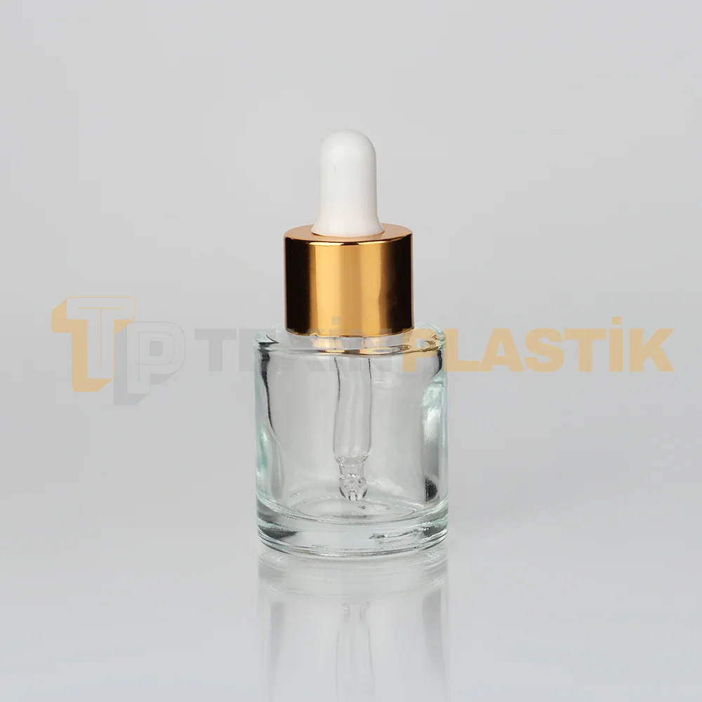 20 ml Toptan Premium Cam Damlalıklı Dropper Şişe Metal Gold Beyaz Damlalık Takımlı