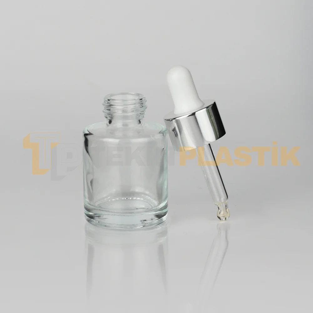 20 ml Toptan Premium Cam Damlalıklı Dropper Şişe Metal Gümüş Beyaz Damlalık Takımlı
