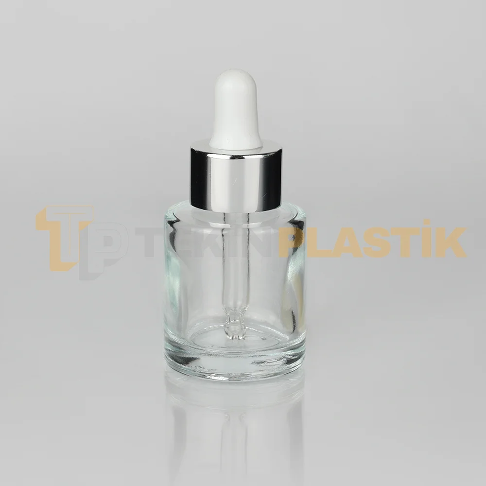 20 ml Toptan Premium Cam Damlalıklı Dropper Şişe Metal Gümüş Beyaz Damlalık Takımlı