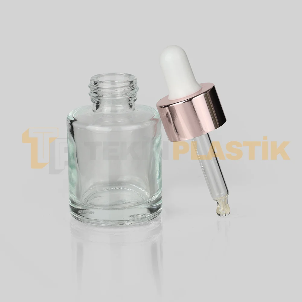 20 ml Toptan Premium Cam Damlalıklı Dropper Şişe Metal Rose Gold Beyaz Damlalık Takımlı