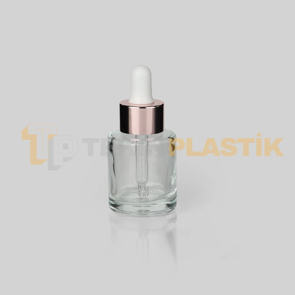 20 ml Toptan Premium Cam Damlalıklı Dropper Şişe Metal Rose Gold Beyaz Damlalık Takımlı