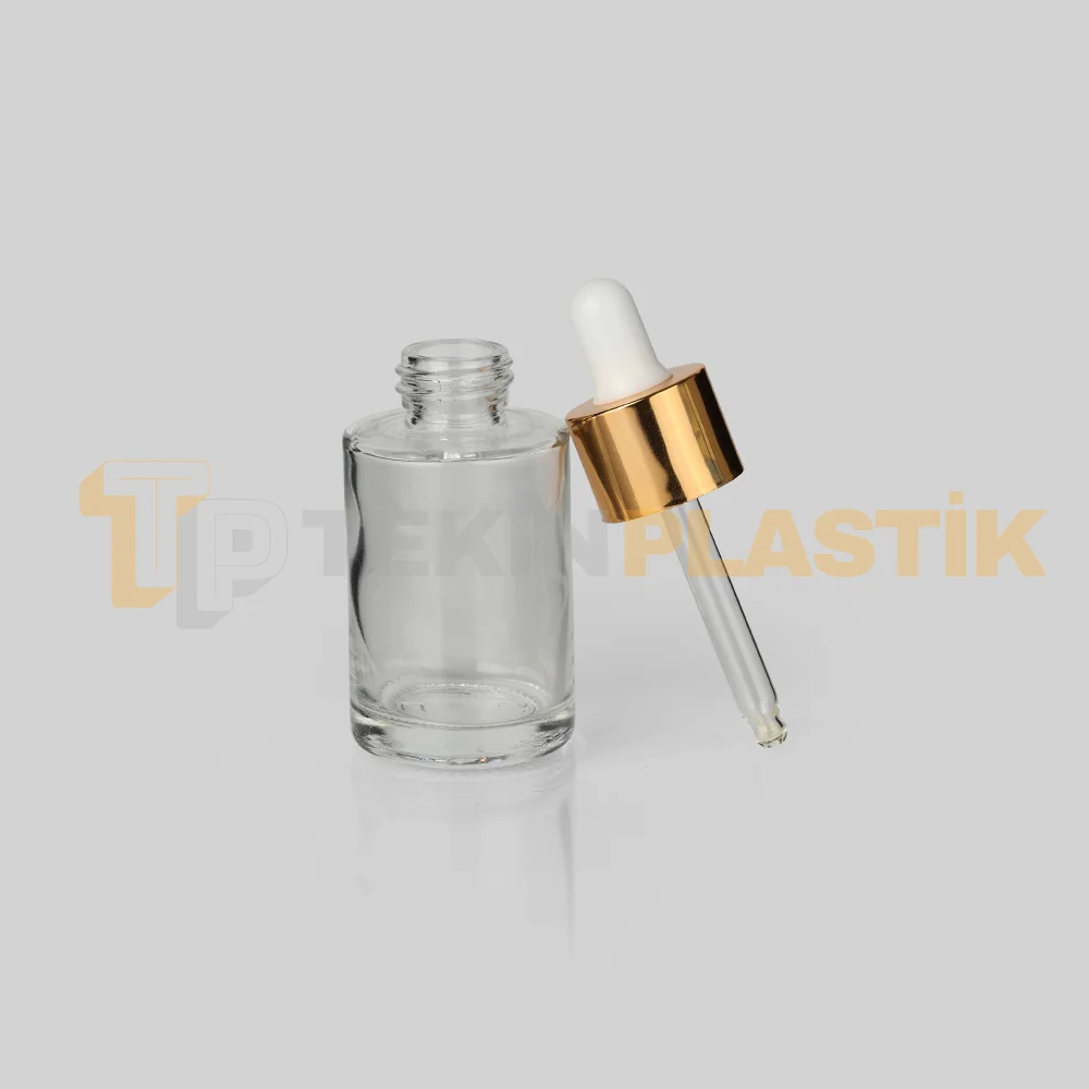 30 ml Toptan Premium Cam Damlalıklı Dropper Şişe Metal Gold Beyaz Damlalık Takımlı