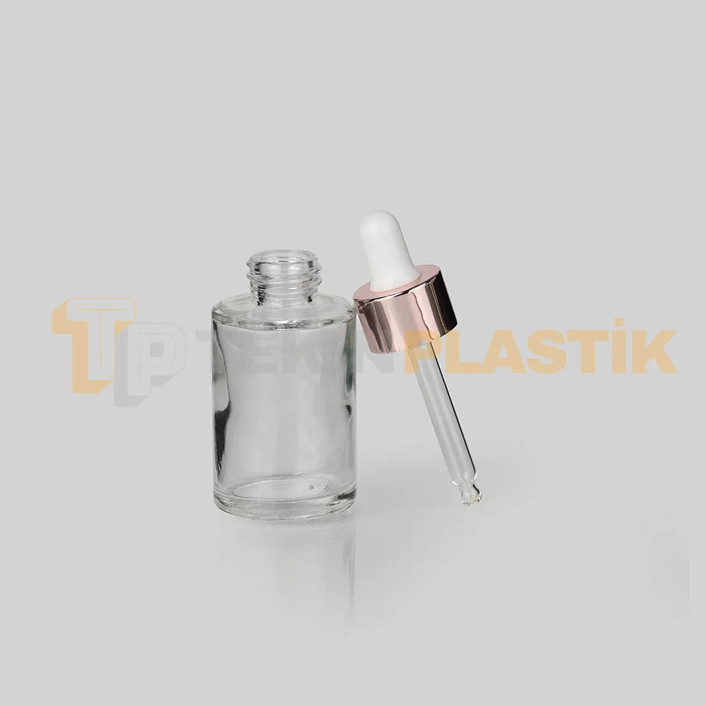 30 ml Toptan Premium Cam Damlalıklı Dropper Şişe Metal Rose Gold Beyaz Damlalık Takımlı