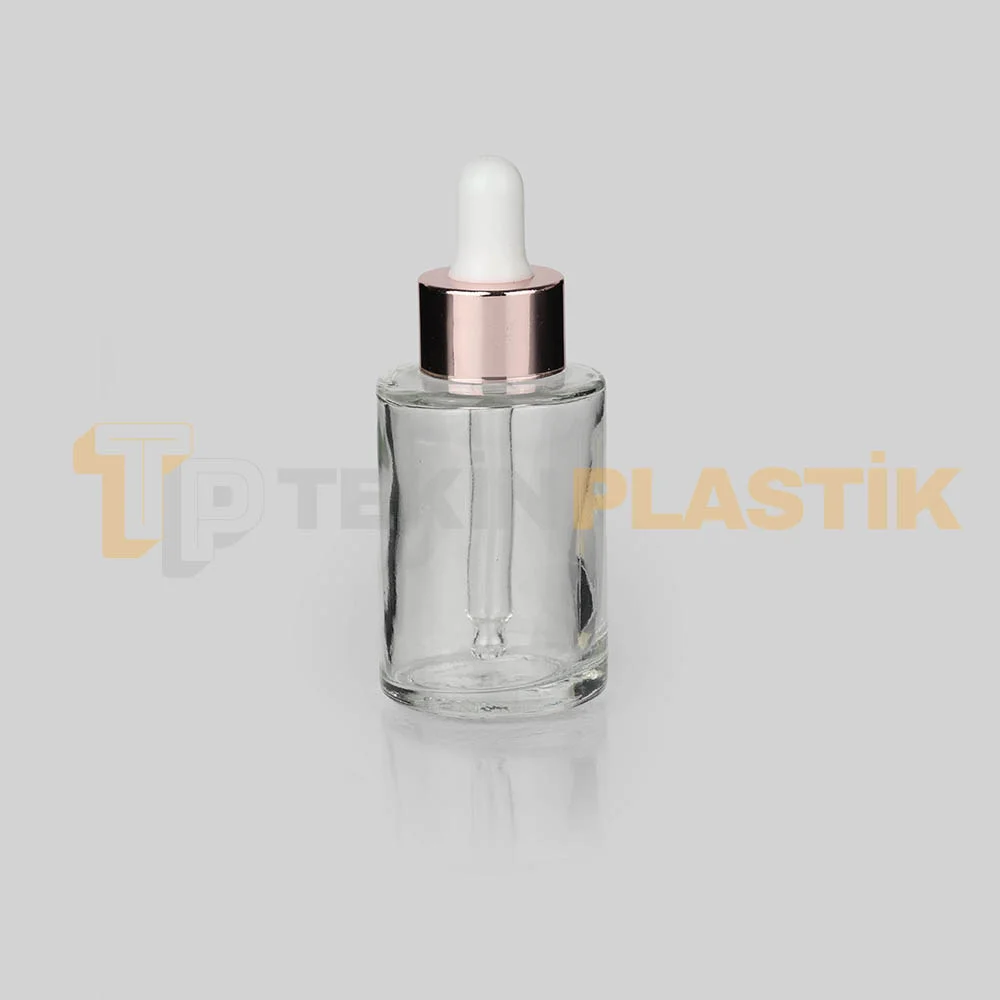 30 ml Toptan Premium Cam Damlalıklı Dropper Şişe Metal Rose Gold Beyaz Damlalık Takımlı