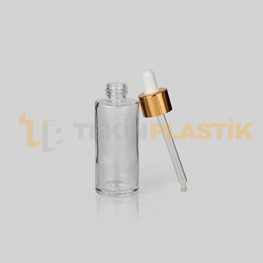 50 ml Toptan Premium Cam Damlalıklı Dropper Şişe Metal Gold Beyaz Damlalık Takımlı
