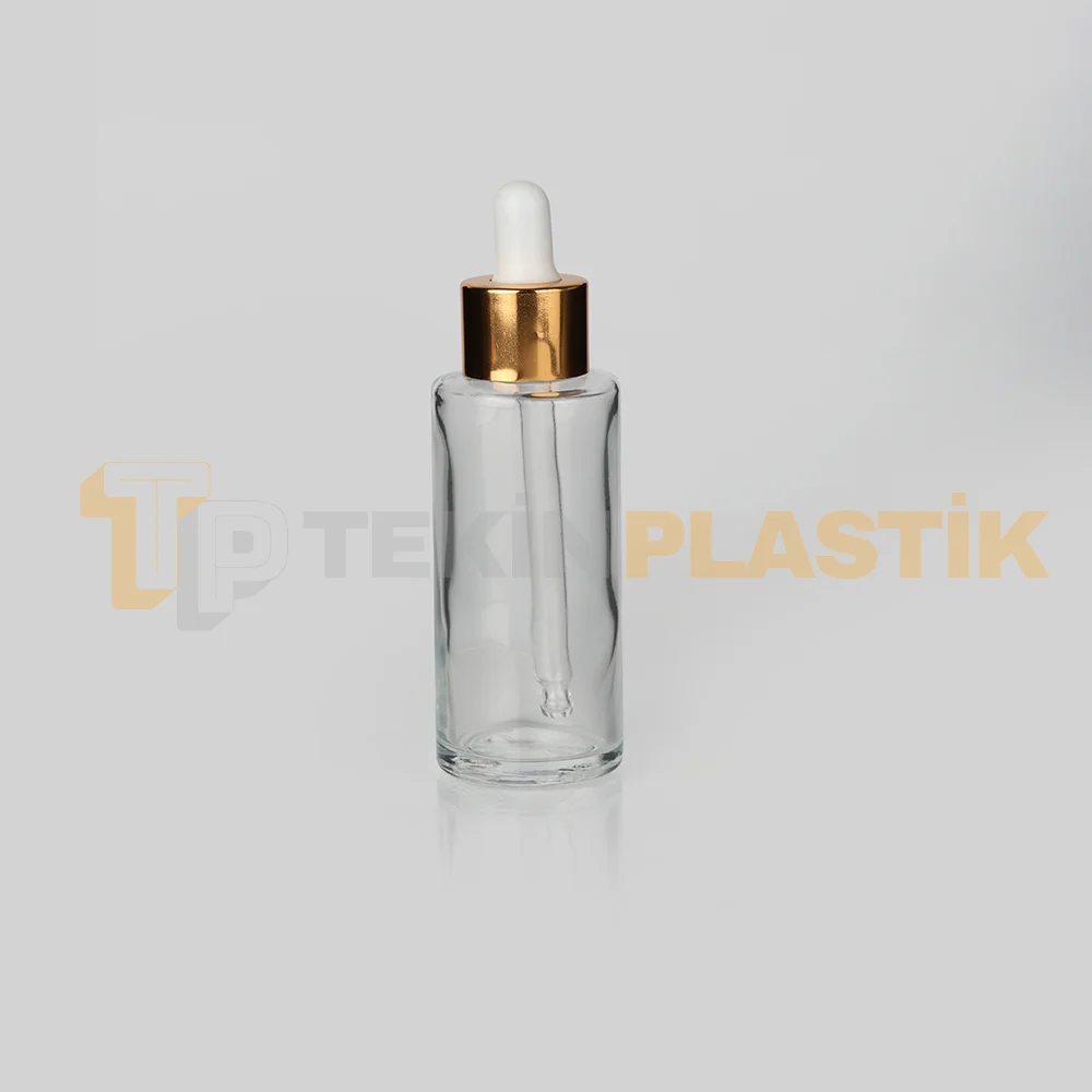 50 ml Toptan Premium Cam Damlalıklı Dropper Şişe Metal Gold Beyaz Damlalık Takımlı