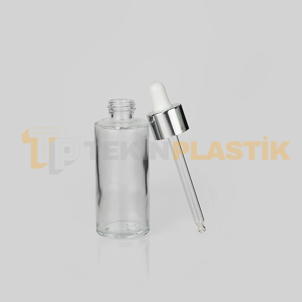 50 ml Toptan Premium Cam Damlalıklı Dropper Şişe Metal Gümüş Beyaz Damlalık Takımlı