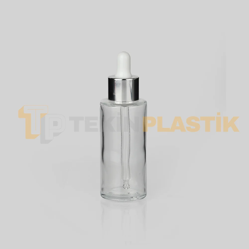 50 ml Toptan Premium Cam Damlalıklı Dropper Şişe Metal Gümüş Beyaz Damlalık Takımlı