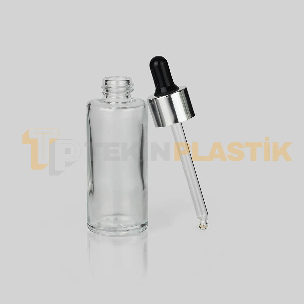 50 ml Toptan Premium Cam Damlalıklı Dropper Şişe Metal Gümüş Siyah Damlalık Takımlı