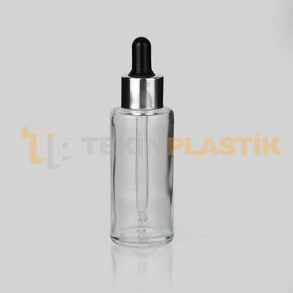 50 ml Toptan Premium Cam Damlalıklı Dropper Şişe Metal Gümüş Siyah Damlalık Takımlı