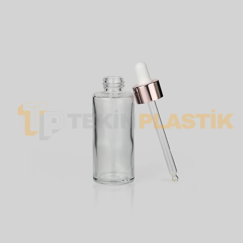50 ml Toptan Premium Cam Damlalıklı Dropper Şişe Metal Rose Gold Beyaz Damlalık Takımlı
