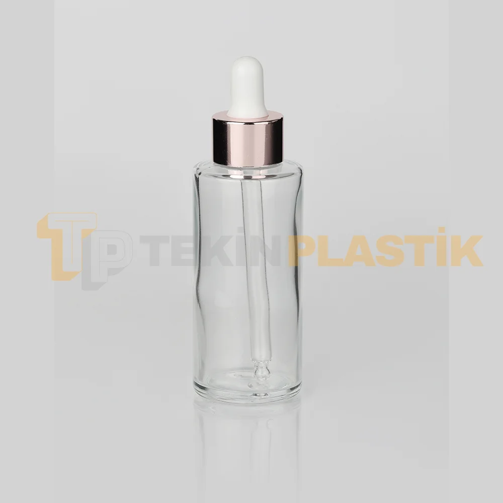 50 ml Toptan Premium Cam Damlalıklı Dropper Şişe Metal Rose Gold Beyaz Damlalık Takımlı