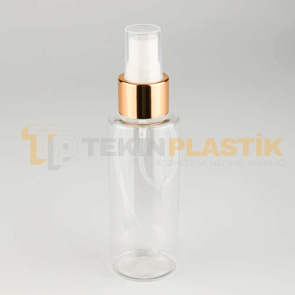 100 ML Toptan Silindir Şeffaf Boş Plastik Pet Şişe Gold Beyaz Spreyli