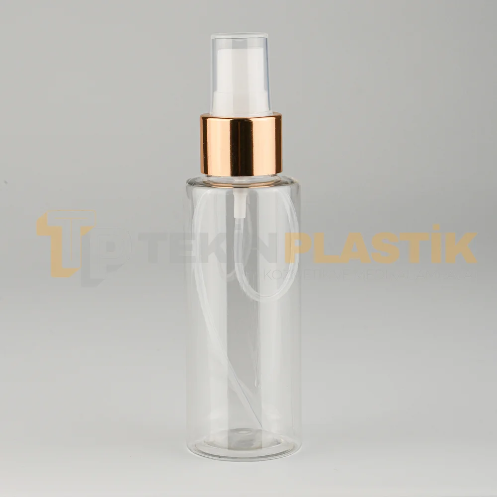 100 ML Toptan Silindir Şeffaf Boş Plastik Pet Şişe Gold Beyaz Spreyli