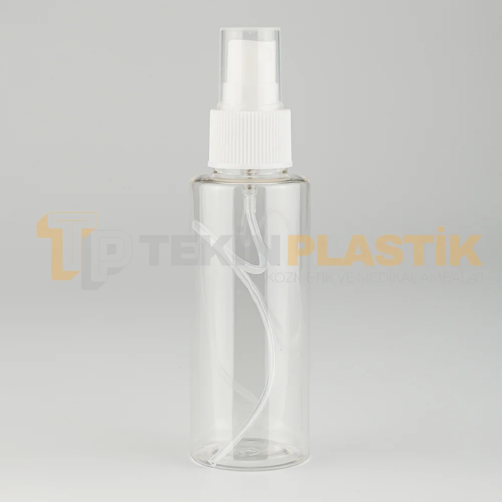 100 ML Toptan Silindir Şeffaf Boş Plastik Pet Şişe Beyaz Parmak Spreyli