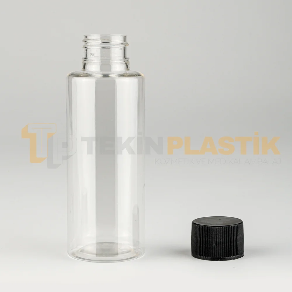 100 ML Toptan Silindir Şeffaf Boş Plastik Pet Şişe Düz Siyah Contalı Kapaklı	