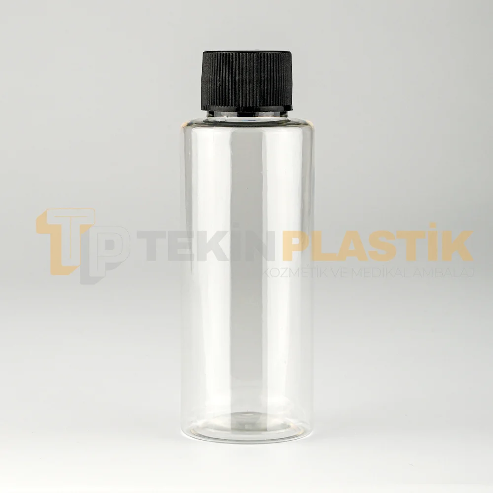 100 ML Toptan Silindir Şeffaf Boş Plastik Pet Şişe Düz Siyah Contalı Kapaklı	