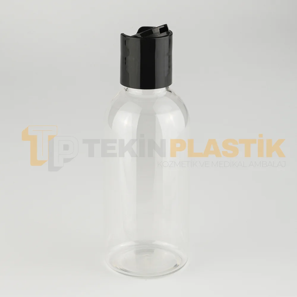 100 ML Toptan Şeffaf Tombul Plastik Şişe Siyah Disctop Dökme Kapaklı