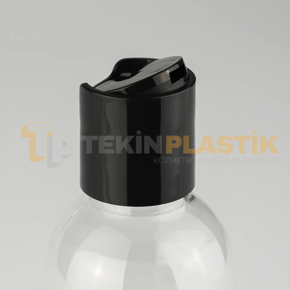 100 ML Toptan Şeffaf Tombul Plastik Şişe Siyah Disctop Dökme Kapaklı