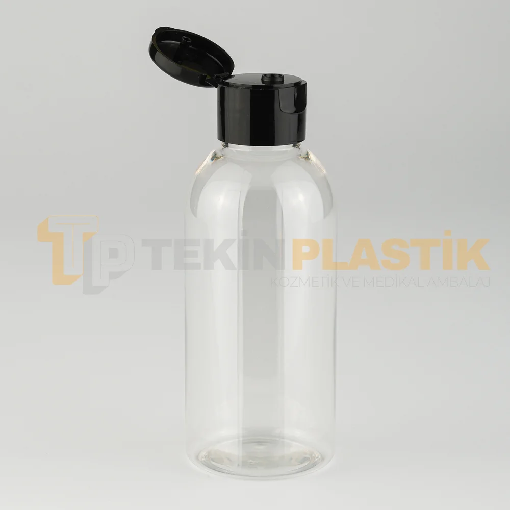 Pet Şişe 100 ML Boş Tombul Model Plastik Şişe Siyah Açmalı Fliptop Kapaklı