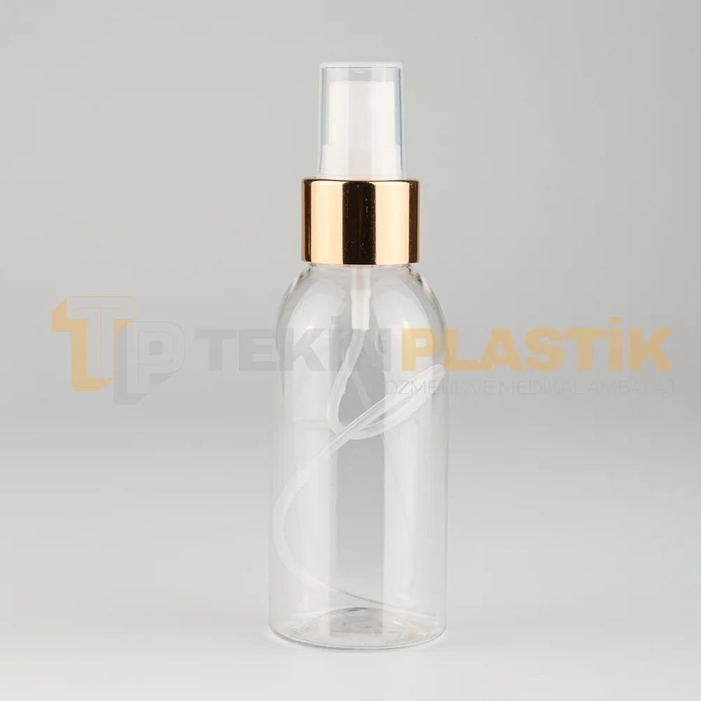 100 ML Toptan Boş Tombul Plastik Şişe Gold Beyaz Parmak Spreyli