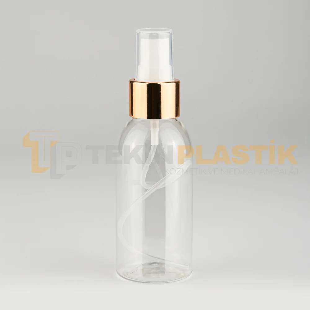 100 ML Toptan Boş Tombul Plastik Şişe Gold Beyaz Parmak Spreyli