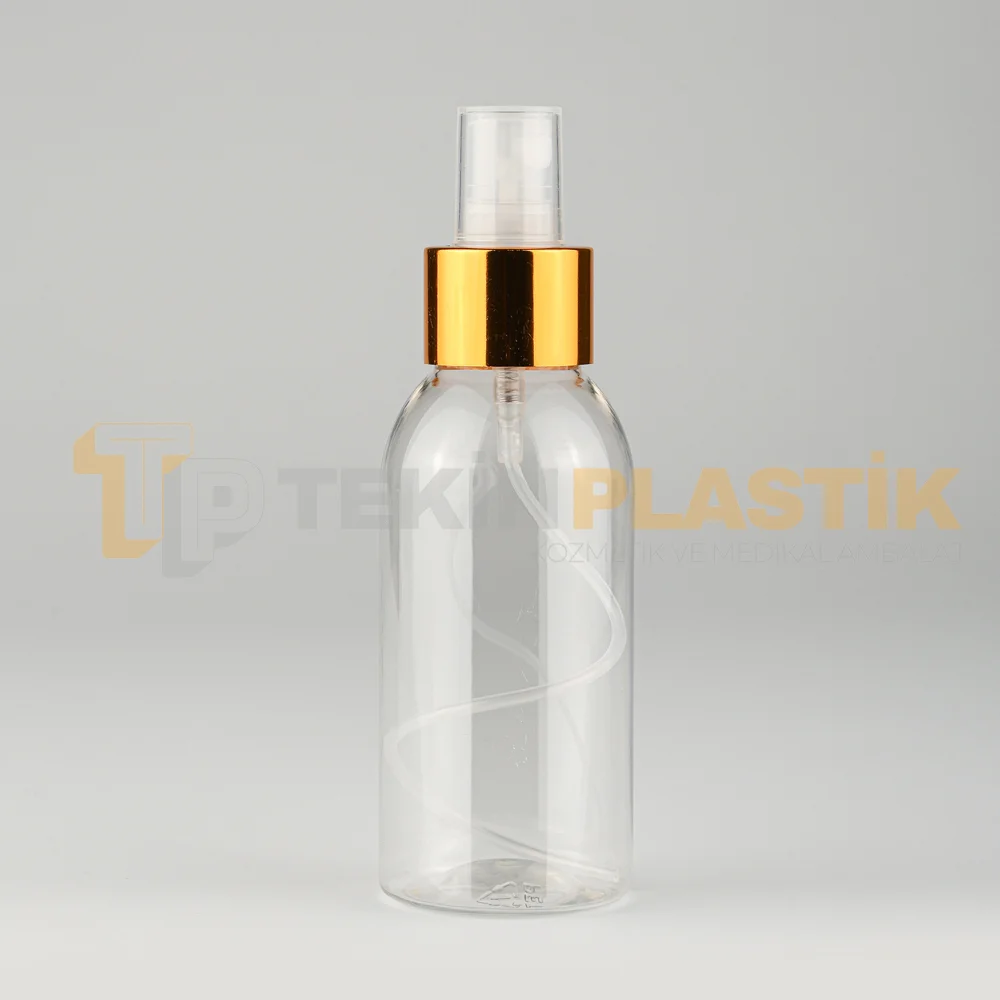 100 ML Toptan Boş Tombul Plastik Şişe Gold Şeffaf Parmak Spreyli