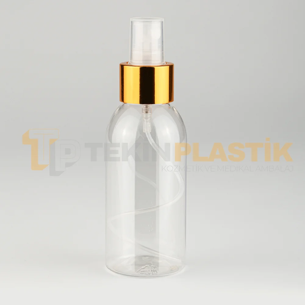 100 ML Toptan Boş Tombul Plastik Şişe Gold Şeffaf Parmak Spreyli