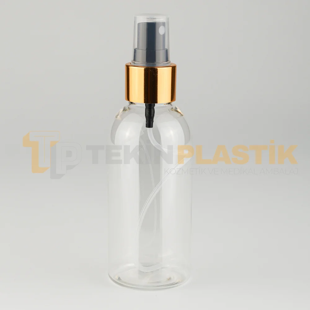 Pet Şişe Tombul 100 ML Plastik Şişe Gold Siyah Parmak Spreyli