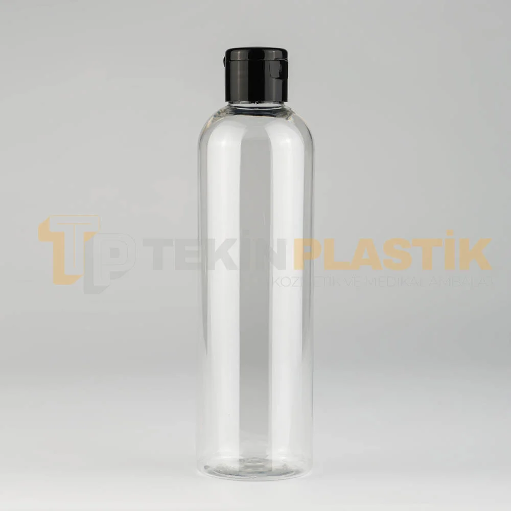 250 ML Şeffaf Boston Model Boş Plastik Şişe Siyah Açmalı Fliptop Şampuan Kapaklı