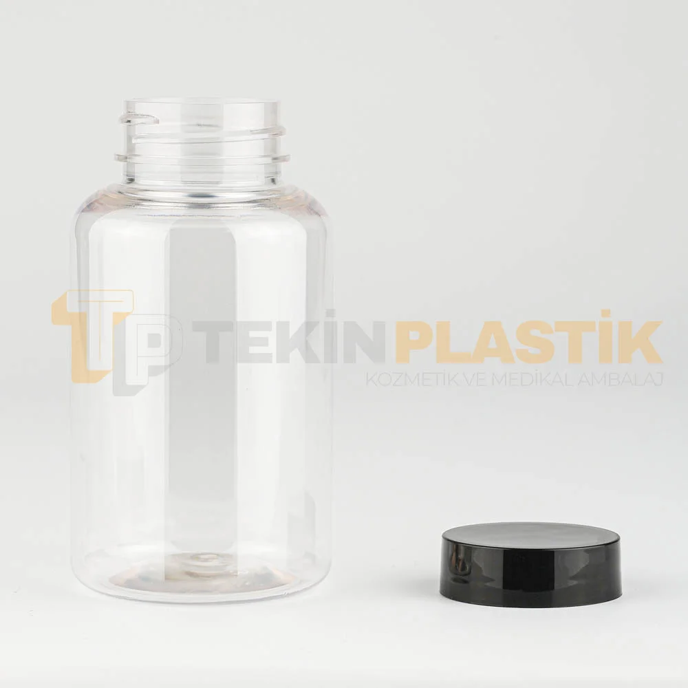 38 Ağız 250 ML Şeffaf Plastik Tablet Kapsül İlaç Şişesi Contalı Siyah Düz Kapaklı 38 Ağız 250 ML Şeffaf Plastik Tablet Kapsül İlaç Şişesi Contalı Siyah Düz Kapaklı