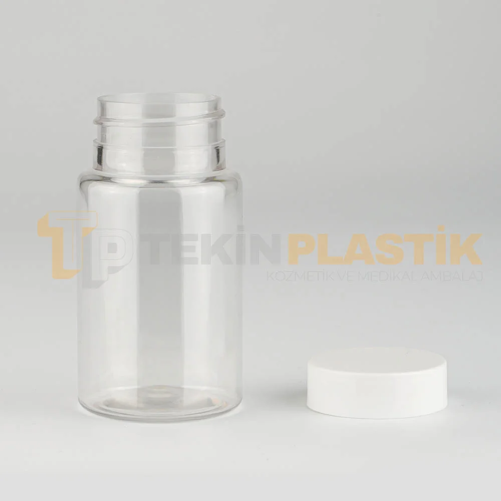 38 Ağız 100 ML Şeffaf Plastik Tablet Kapsül İlaç Şişesi Contalı Beyaz Düz Kapaklı 38 Ağız 100 ML Şeffaf Plastik Tablet Kapsül İlaç Şişesi Contalı Beyaz Düz Kapaklı