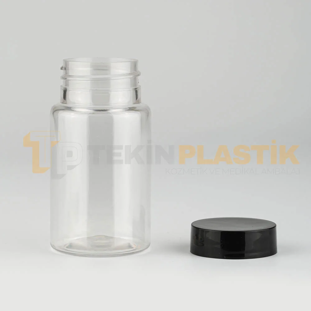 38 Ağız 120 ML Şeffaf Plastik Tablet Kapsül İlaç Şişesi Contalı Siyah Düz Kapaklı 38 Ağız 120 ML Şeffaf Plastik Tablet Kapsül İlaç Şişesi Contalı Siyah Düz Kapaklı
