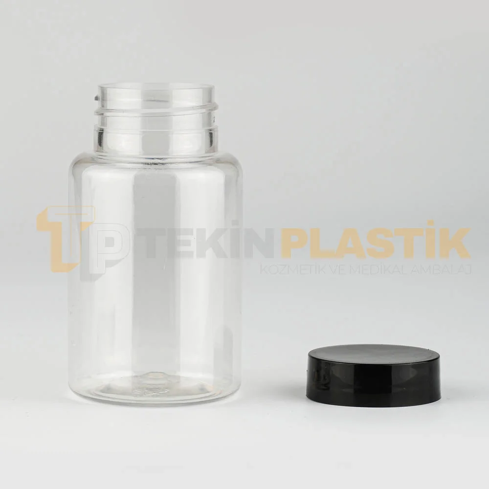 38 Ağız 150 ML Şeffaf Plastik Tablet Kapsül İlaç Şişesi Contalı Siyah Düz Kapaklı 38 Ağız 150 ML Şeffaf Plastik Tablet Kapsül İlaç Şişesi Contalı Siyah Düz Kapaklı