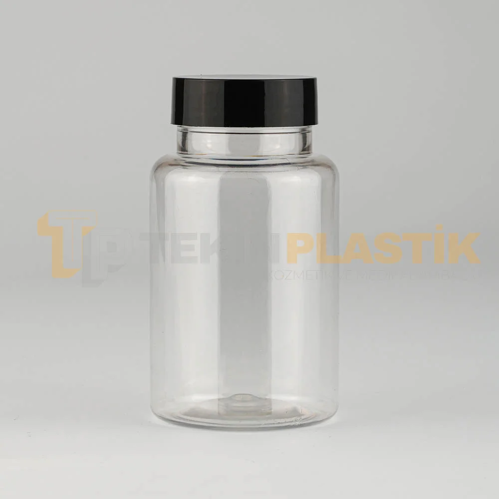 38 Ağız 150 ML Şeffaf Plastik Tablet Kapsül İlaç Şişesi Contalı Siyah Düz Kapaklı 38 Ağız 150 ML Şeffaf Plastik Tablet Kapsül İlaç Şişesi Contalı Siyah Düz Kapaklı