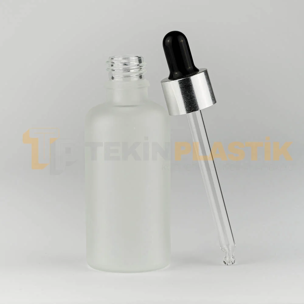 50 ML Buzlu Model Topan Cam Damlalıklı Dropper Şişe Metal Gümüş Siyah Damlalık Takım