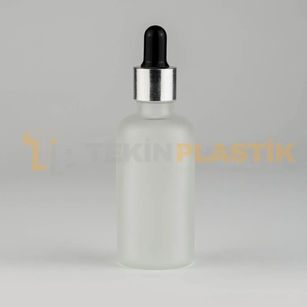 50 ML Buzlu Model Topan Cam Damlalıklı Dropper Şişe Metal Gümüş Siyah Damlalık Takım