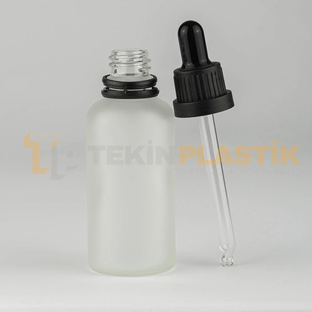 50 ML Buzlu Model Topan Cam Damlalıklı Dropper Şişe Siyah Delikli Kilitli Kapak Takım