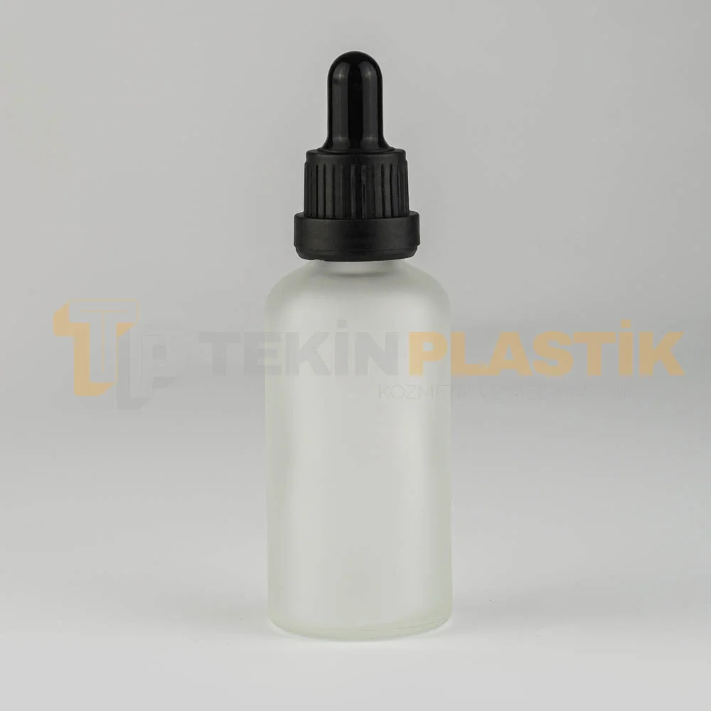 50 ML Buzlu Model Topan Cam Damlalıklı Dropper Şişe Siyah Delikli Kilitli Kapak Takım