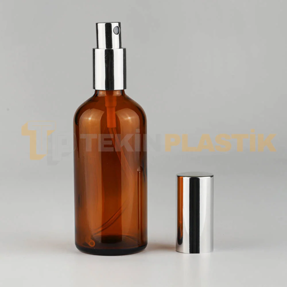 100 ML Boş Toptan Amber Renk Cam Şişe Metal Gümüş Sprey Başlıklı 100 ML Boş Toptan Amber Renk Cam Şişe Metal Gümüş Sprey Başlıklı