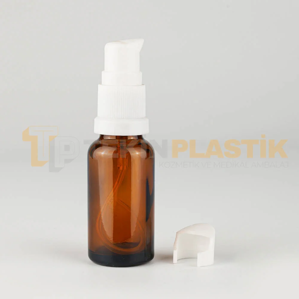 20 ML Amber Renk Cam Damlalıklı Dropper Şişe Etekli Beyaz Losyon Pompalı	