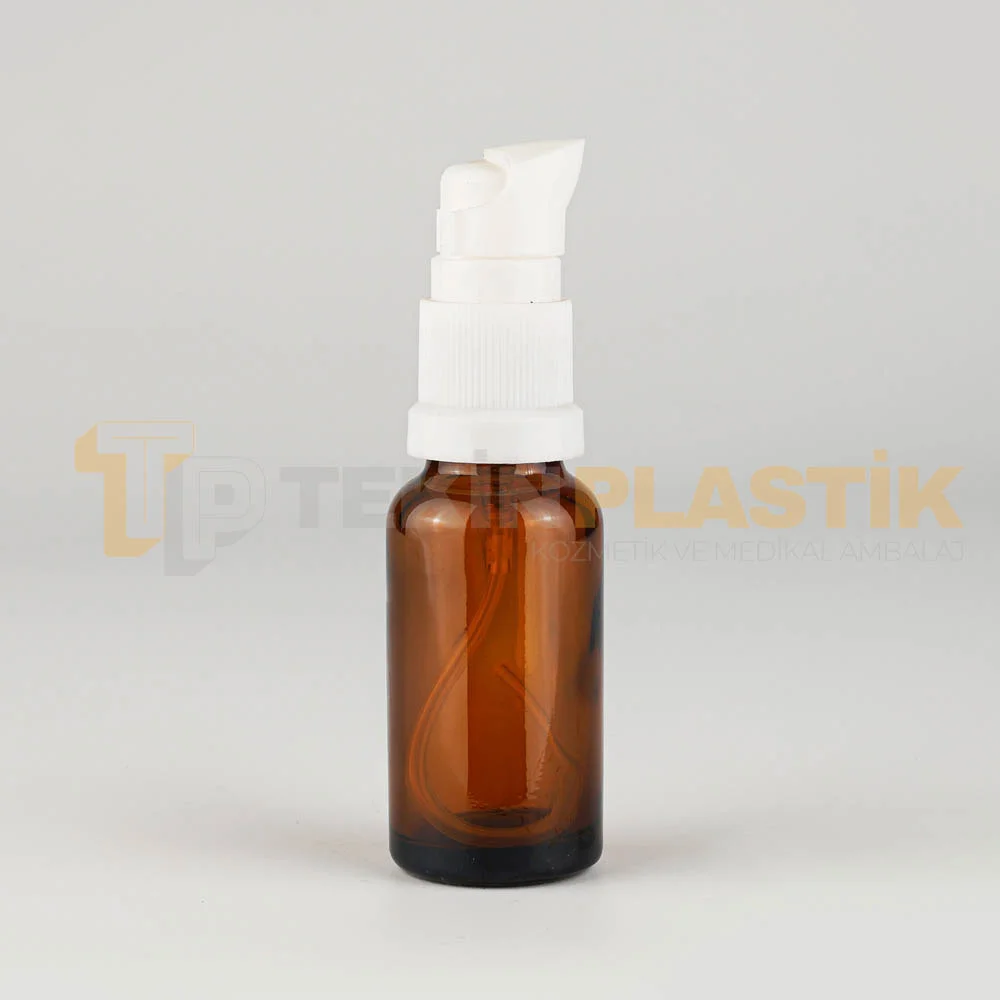 20 ML Amber Renk Cam Damlalıklı Dropper Şişe Etekli Beyaz Losyon Pompalı	