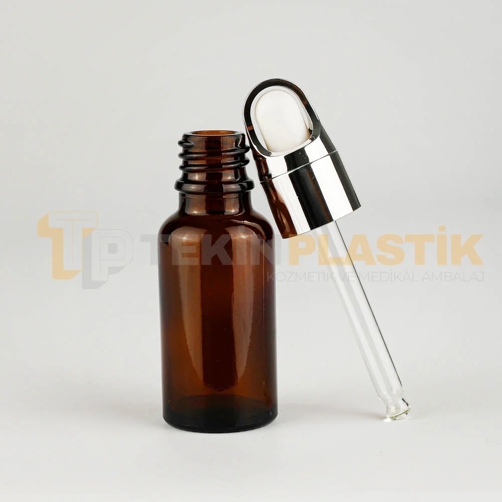 20 ML Amber Renk Cam Damlalıklı Dropper Şişe Metal Gümüş Lüx Damlalıklı