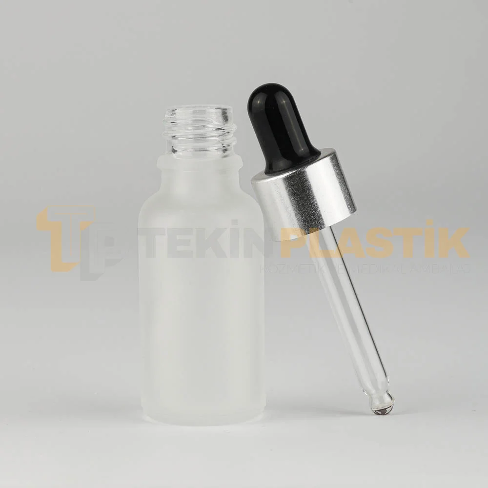 20 ML Buzlu Model Toptan Cam Damlalıklı Dropper Şişe Metal Gümüş Beyaz Damlalık Takım