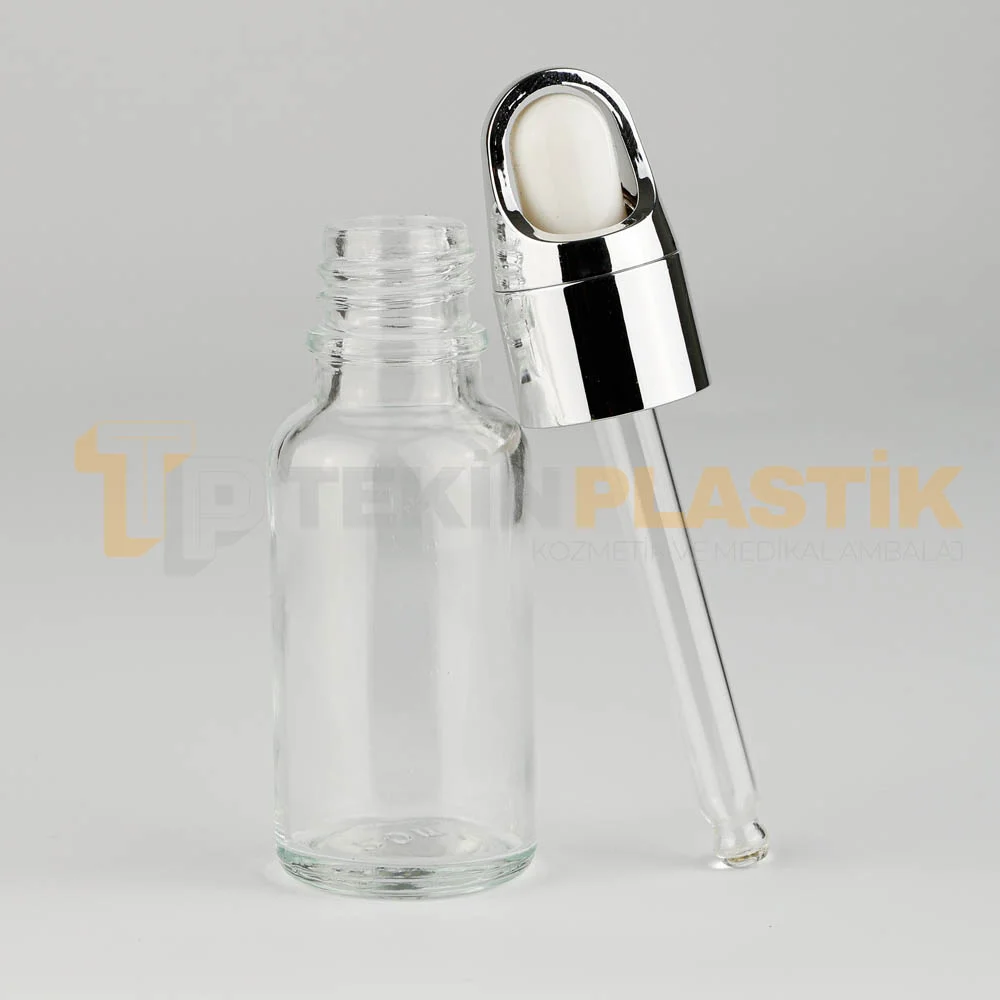20 ML Şeffaf Boş Toptan Cam Damlalıklı Dropper Şişe Metal Gümüş Lüx Damlalık Takım