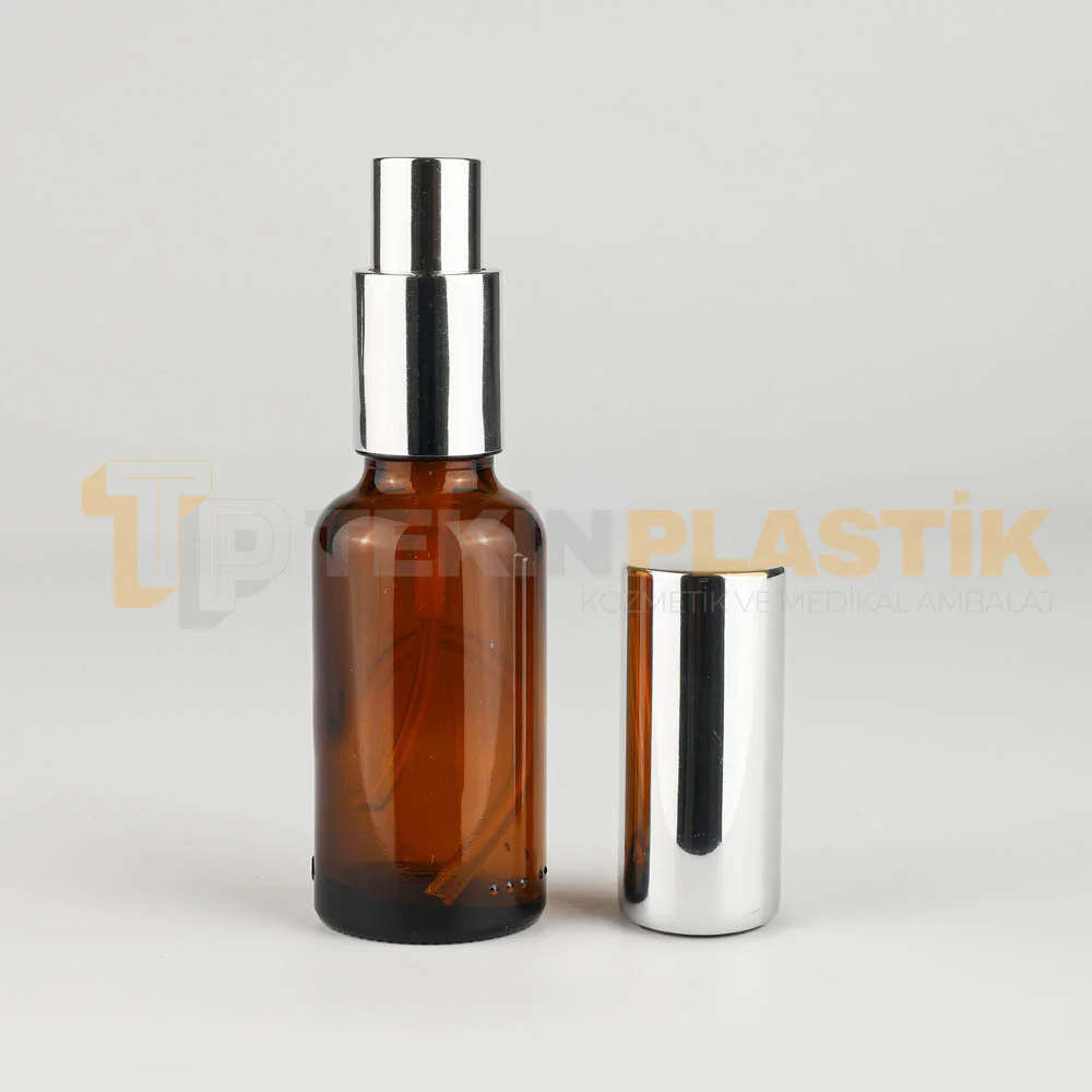 30 ML Toptan Boş Amber Renk Cam Dropper Şişe Metal Gümüş Spreyli 