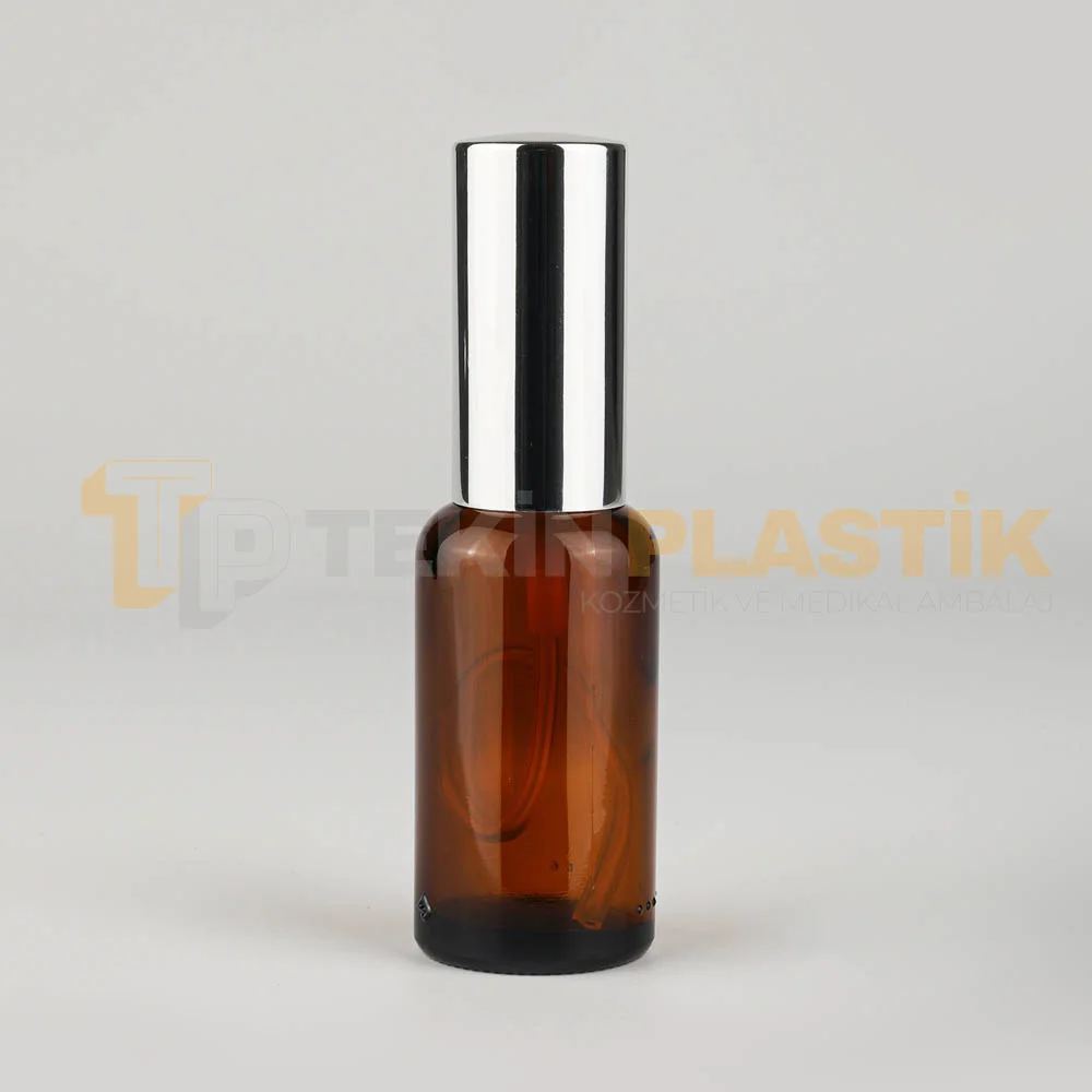 30 ML Toptan Boş Amber Renk Cam Dropper Şişe Metal Gümüş Spreyli 