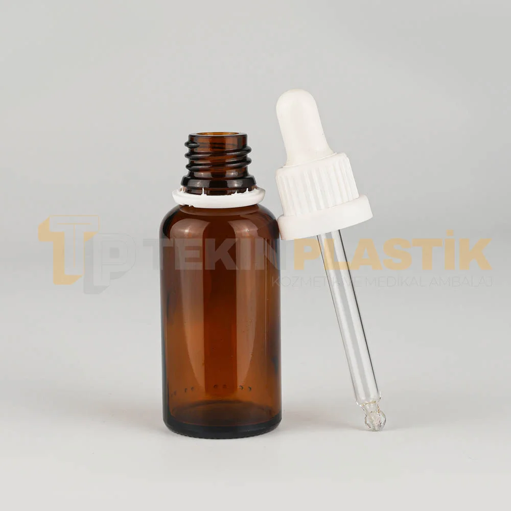 30 ML Toptan Boş Amber Renk Cam Damlalıklı Dropper Şişe Plastik Beyaz Kilitli Damlalıklı