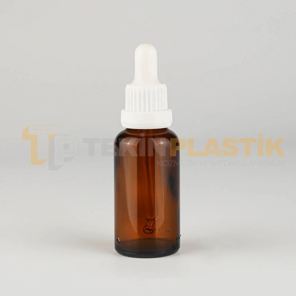 30 ML Toptan Boş Amber Renk Cam Damlalıklı Dropper Şişe Plastik Beyaz Kilitli Damlalıklı